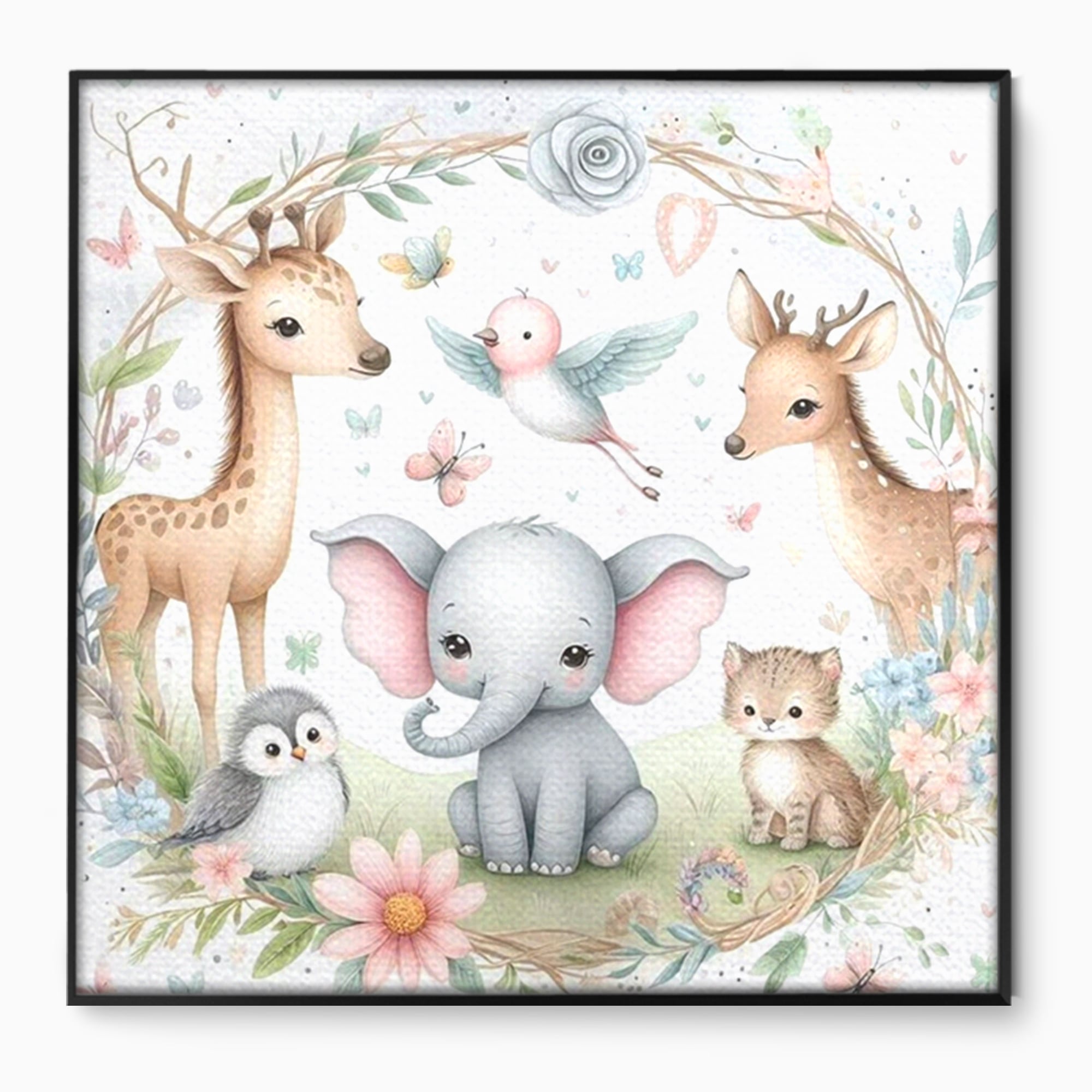 Tablou canvas cu tablou canvas cu animale si flori, in rama de aluminiu negru